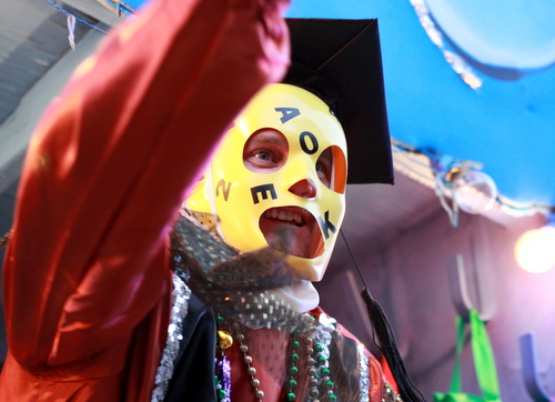 A rider on the Krewe of Babylon "Nabu" float. (Robert Morris, UptownMessenger.com)