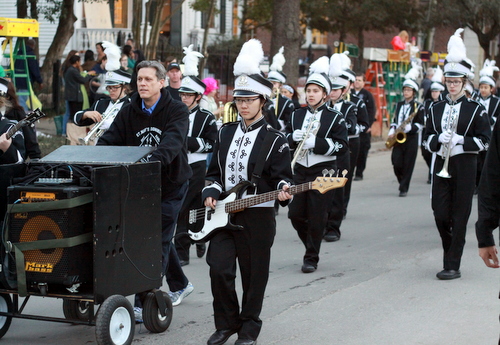 The St. Mary's Dominican marching band performs on Napoleon Avenue during the Knights of Babylon parade. (Robert Morris, UptownMessenger.com)