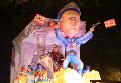 The Knights of Chaos "NO P.D." float mocked the troubles with the city's issues with the police force. (Robert Morris, UptownMessenger.com)