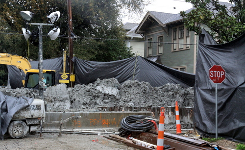 A section of the construction site on Prytania Street, photographed in February 25. (Robert Morris, UptownMessenger.com)