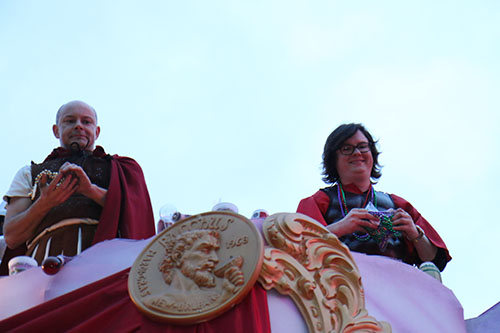 Actors Rob Corddry (left) and Clark Duke (right) from the upcoming film "Hot Tub Time Machine 2" were featured on the "Baccha-Chariot" float. (Zach Brien, UptownMessenger.com)