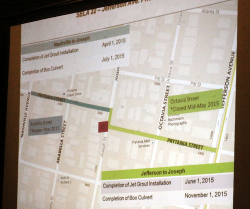 A slide presented by the U.S. Army Corps of Engineers on Tuesday night explaining timetables for work on Prytania Street. (Robert Morris, UptownMessenger.com)