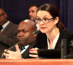 New Orleans City Council president Stacy Head speaks Thursday morning while Councilman Jason Williams listens. (Robert Morris, UptownMessenger.com)