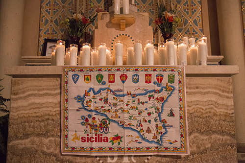 A map of Sicily was on display next to the altar. St. Joseph's Day is a tradition rooted in New Orleans' Sicilian community. (Zach Brien, UptownMessenger.com)