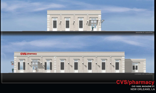 A rendering of the new CVS pharmacy slated for the corner of Louisiana and Magazine. (courtesy of Avery Koontes / Sherman Strategies)