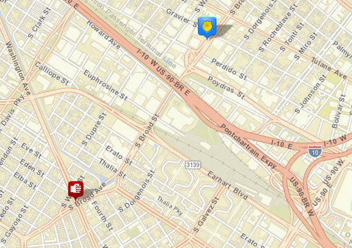 The shooting took place at Washington and Broad, and the fleeing suspect crashed at Tulane and South Miro, police said. (map via NOPD)