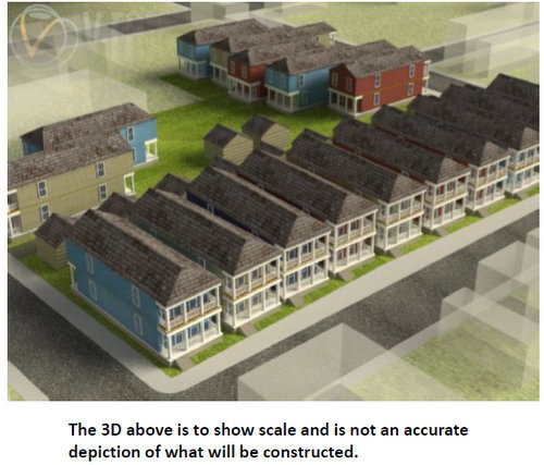 A rendering depicting the approximate size and layout of the homes proposed for the former Turnbull Bakery site in the Irish Channel, though each house will be individually designed. (image courtesy of Pentek Homes)