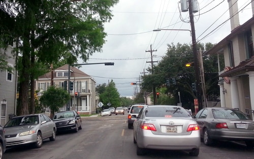 Cars wait to pass through the newly-reopened intersection of Freret and Jefferson on Friday afternoon, shortly after barriers were removed. (Robert Morris, UptownMessenger.com)