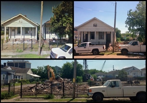The shotguns in the 2400 block of Cadiz -- before their demolition (top left, via Google Maps), then during and after their demolition (by Jean-Paul Villere for UptownMessenger.com)