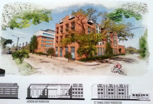 A rendering of the proposed Jackson Oaks development on display Friday morning. (Robert Morris, UptownMessenger.com)