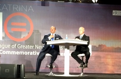 Former Mayor Marc Morial and Mayor Mitch Landrieu discussion the state of New Orleans together. (photo via Danae Columbus)