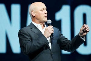 Mayor Mitch Landrieu speaks during the Katrina 10 commemoration at the Smoothie King Center on Saturday. (Zach Brien, UptownMessenger.com)