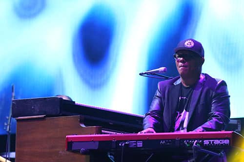 Ivan Neville plays "Big Chief" with Dumpstaphunk at the end of the Katrina 10 commemoration at the Smoothie King Center on Saturday.. (Zach Brien, UptownMesssenger.com)