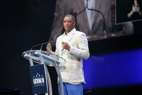 U.S. Rep. Cedric Richmond speaks during the Katrina 10 commemoration at the Smoothie King Center on Saturday. (Zach Brien, UptownMessenger.com)
