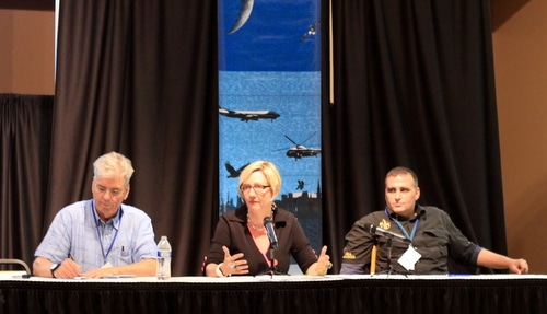 Bob Marshall of The Lens, Ann Rolfes of the Louisiana Bucket Brigade, and Jonathan Henderson of the Gulf Restoration Network speak on a panel about the environment at Rising Tide X. (Robert Morris, UptownMessenger.com)