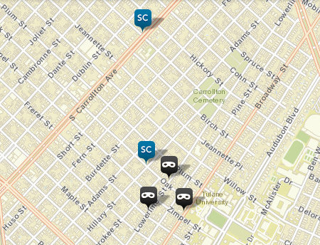 The "SC" icons refer to simple rapes; the gray mask icons represent burglaries. (map via NOPD)
