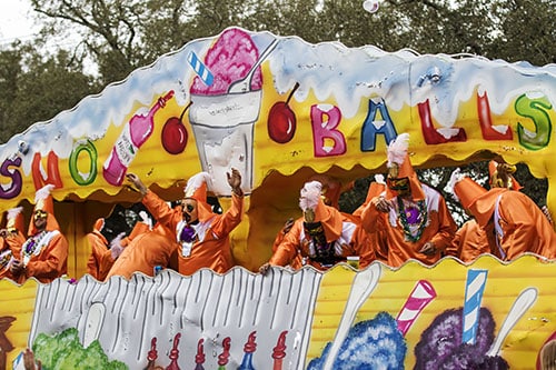 The Krewe of Carrollton's theme was "A Krewe for All Seasons," one of the seasons was snoball season. The Krewe of Carrollton was one of four parades that rolled uptown on Sunday. (Zach Brien, UptownMessenger.com)