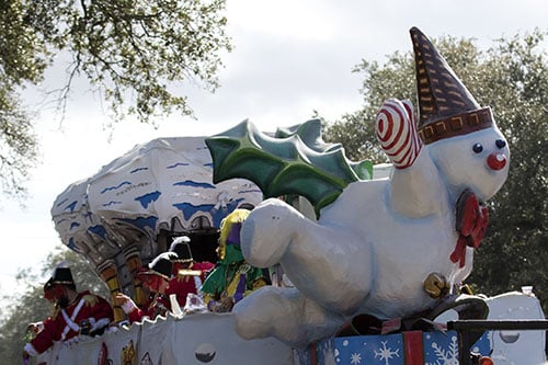 The Krewe of Carrollton's "Christmas Season" float featured the New Orleans Christmas icon, Mr. Bingle. The Krewe of Carrollton was one of four parades that rolled uptown on Sunday. (Zach Brien, UptownMessenger.com)