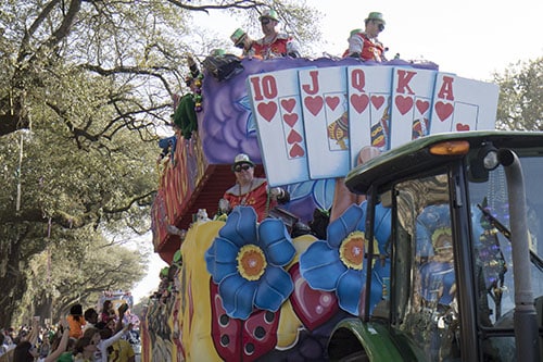 The "Education: School of Gaming" float makes its way down Napoleon avenue in the Krewe of King Arthur. King Arthur was one of four parades that rolled uptown on Sunday. (Zach Brien, UptownMessenger.com)