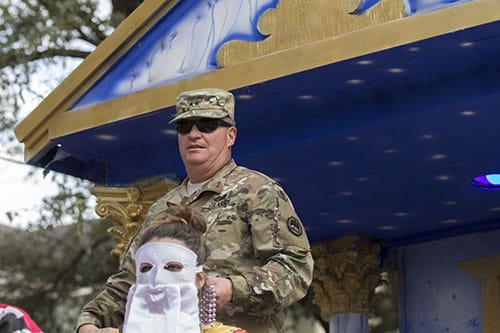 Major General Glenn H. Curtis, Krewe of Alla Grand Marshall, rides in the lead float in the parade. The Krewe of Alla was one of four parades to roll Sunday afternoon Uptown. (Zach Brien, UptownMessenger.com)