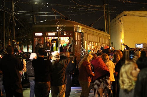 The streetcar carrying the Phunny Phorty Phellows leaves the Willow Street streetcar barn on Thursday night. The event takes place on 12th night, 12 days after Christmas and is the first parade of Carnival season in New Orleans. (Zach Brien, UptownMessenger.com)