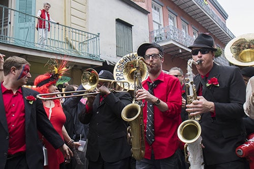 Members of the Preservation Hall Jazz Band make their way down Royal street. On Saturday, the Preservation Hall Jazz Band and members of Arcade Fire led a second line through the French Quarter in honor of musician David Bowie who died on January 10, 2016.