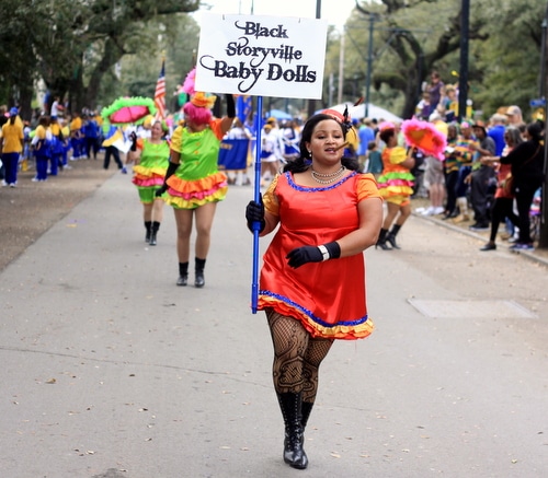 The Black Storyville Baby Dolls in the Mystic Krewe of Femme Fatale parade on St. Charles Avenue. (Robert Morris, UptownMessenger.com)
