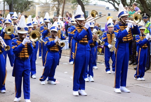 The McDonogh City Park Academy marching band performs as the Mystic Krewe of Femme Fatale rolls on St. Charles Avenue. (Robert Morris, UptownMessenger.com)