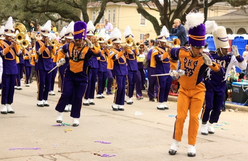 Edna Karr's band performs as the Krewe of Choctaw rolls on Napoleon Avenue. (Robert Morris, UptownMessenger.com)