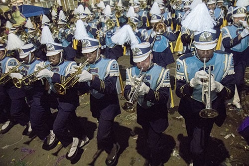 Southern University Marching Band parades with Bacchus down St. Charles Avenue. Bacchus 2016 rolled with the theme "Flights of Delight." (Zach Brien, UptownMessenger.com)