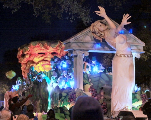 The signature "Birth of Dionysius" float in the Krewe of Hermes rolls on Napoleon Avenue. (Robert Morris, UptownMessenger.com)
