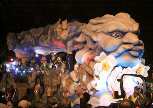 The "Ariel Summons the Winds" float in the Krewe of Hermes rolls on Napoleon Avenue. (Robert Morris, UptownMessenger.com)