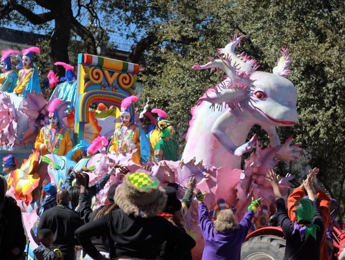 The "Floating Gardens of Xochimilco" float in the Krewe of Rex rolls on St. Charles Avenue. (Robert Morris, UptownMessenger.com)