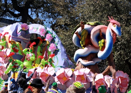 The "Garden of Eden" float in the Krewe of Rex rolls on St. Charles Avenue. (Robert Morris, UptownMessenger.com)