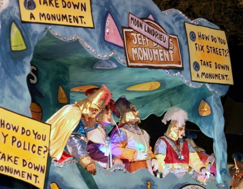 More mockery of the monuments as Le Krewe d'Etat rolls on Napoleon Avenue. (Robert Morris, UptownMessenger.com)