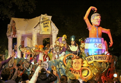 Former Republican frontrunner Jeb Bush and pals are a "Barrel of Monkeys" as Le Krewe d'Etat rolls on Napoleon Avenue. (Robert Morris, UptownMessenger.com)
