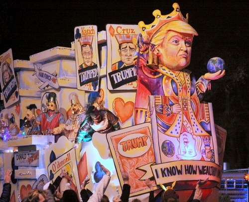 Donald Trump's takedowns of his enemies are his "Trump Card" as Le Krewe d'Etat rolls on Napoleon Avenue. (Robert Morris, UptownMessenger.com)