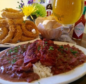 Red Beans & Rice and Smoked Sausage, and Fried Onion Rings from Joey K's Restaurant (Kristine Froeba)
