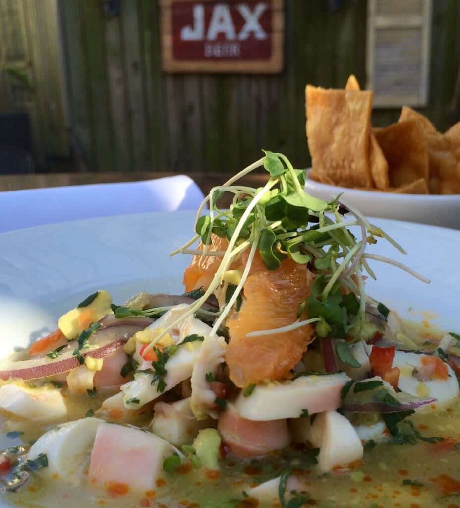 Octopus Ceviche with Avocado, Jicama Slaw, Habanero, Satsumas, topped with Micro Greens (Kristine Froeba)