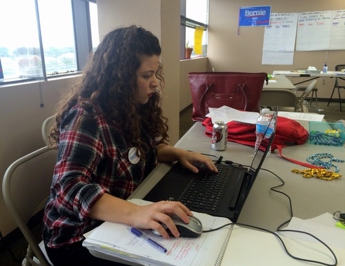 Sarah Slamen works at the Bernie Sanders campaign headquarters. (Danae Columbus for UptownMessenger.com)