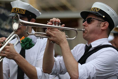 The Big Fun Brass Band parades with the Irish Channel Corner Club down Magazine in the 66th annual Irish Channel St. Patrick's Day Parade on Saturday, March12. (Zach Brien, UptownMessenger.com)