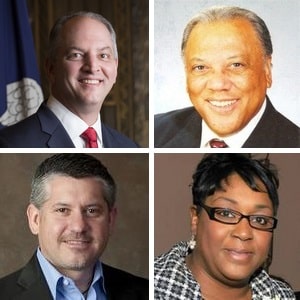 Top row: Gov. John Bel Edwards and Clerk of Court Arthur Morrell; bottom row: Shane Riddle and Arlanda J. Williams. (sources: Office of the Governor, Orleans Clerk of Court, Louisiana Association of Educators, Terrebonne Parish government)