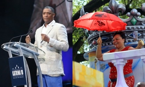 U.S. Rep. Cedric Richmond, left, speaks at the Katrina 10 commemoration on Aug. 29, and state Sen. Karen Carter Peterson rides in the Krewe of Femme Fatale during Mardi Gras 2016. (Richmond photo by Zach Brien of UptownMessenger.com, Peterson photo by Robert Morris of UptownMessenger.com)