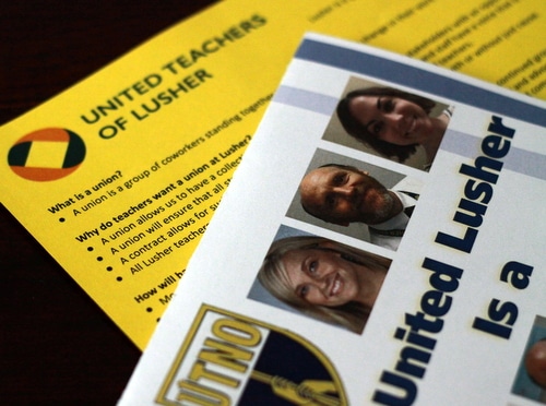 Informational pamphlets passed out by members of the United Teachers of Lusher union on Tuesday night at a meeting with parents. (Robert Morris, UptownMessenger.com)