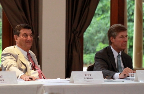 Audubon Nature Institute CEO Ron Forman, left, and Audubon Commission chair Kelly Duncan listen to comments from residents on Thursday afternoon. (Robert Morris, UptownMessenger.com)