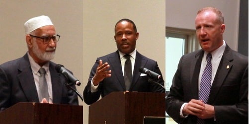 From left, Imam Mubasher Ahmed of the Ahmadiyya Muslim Community, U.S. Attorney Kenneth Polite, and Jeffery Sallet, Special Agent in Charge of the FBI New Orleans, all spoke Tuesday night at Loyola University. (Robert Morris, UptownMessenger.com)