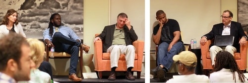 Panelists (in left photo, from left) Molly Mitchell, Quess Moore and Richard Marksbury, and (in right photo, from left) Kodi Roberts and Pierre McGraw listen to questioners near the end of a long, contentious panel discussion on Confederate monuments in New Orleans. (Robert Morris, UptownMessenger.com)