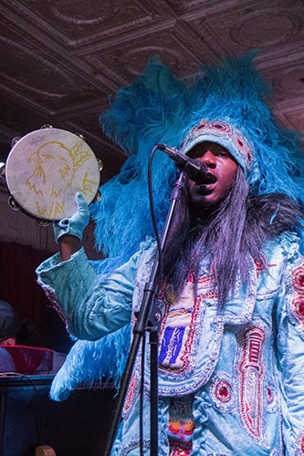 Spy boy J'Wan Boudreaux sings with Cha Wa at the Maple Leaf Bar during a tribute to pianist Steve Malinowski who died on Friday, June 17. (Zach Brien, UptownMessenger.com)