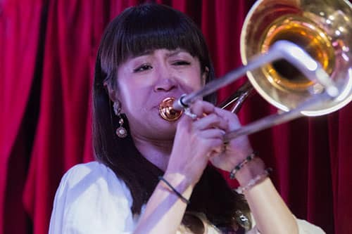 Haruka Kikuchi plays trombone with Cha Wa at the Maple Leaf Bar during a tribute show to pianist Steve Malinowski who died on Friday, June 17. (Zach Brien, UptownMessenger.com)
