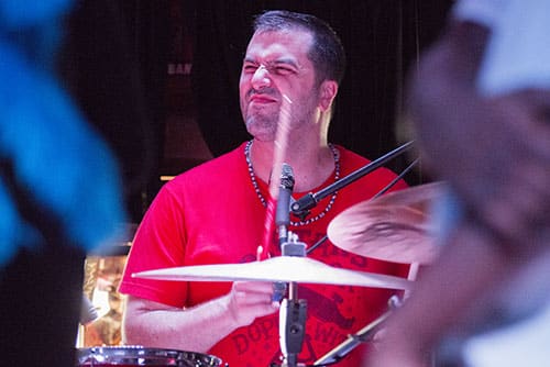 Joe Gelini plays drums with Cha Wa at the Maple Leaf Bar during a tribute show to pianist Steve Malinowski who died on Friday, June 17. (Zach Brien, UptownMessenger.com)